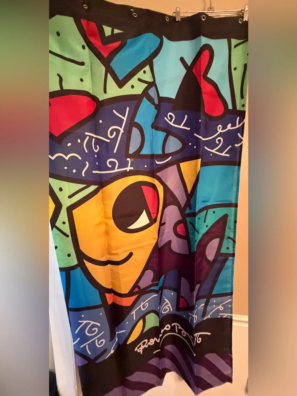 Romero Britto Shower Curtain Pop Art Fish Deeply In Love. 70x70 Retired Series
